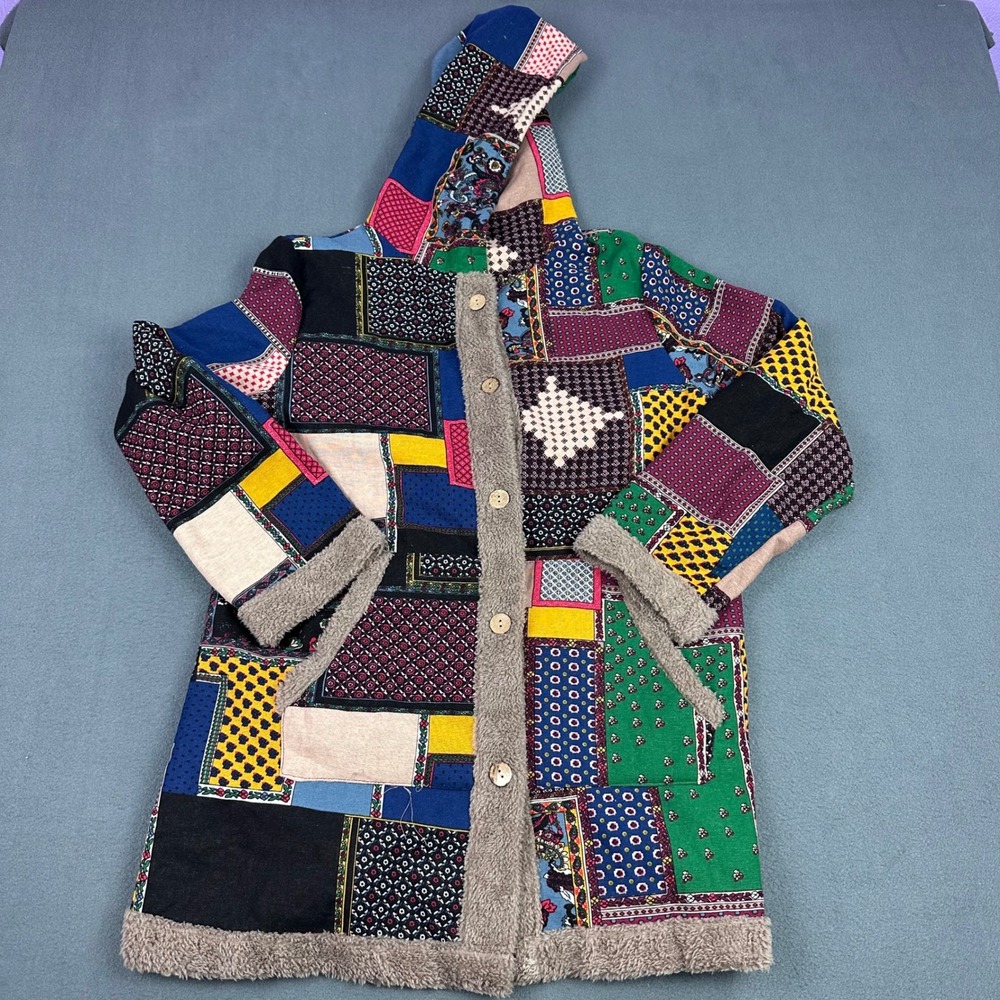 Patchwork Faux Shearling Lined Hooded Coat Multi Pattern Boho Jacket Medium